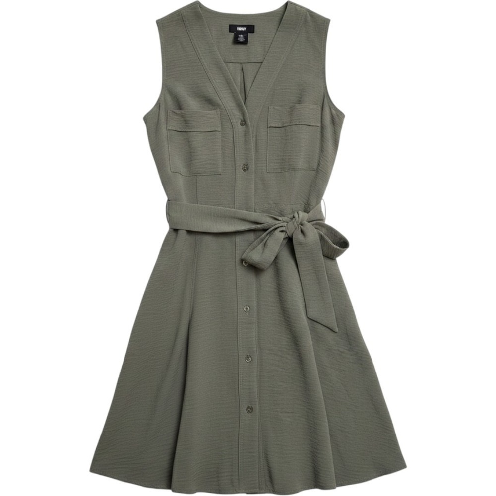 Women's Olive Green Sleeveless Button-Front Midi Dress Tie Waist Office Cute 4